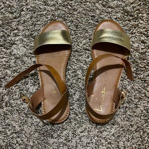 Lulus Gold & Tan or Brown Leather Buckle Sandals